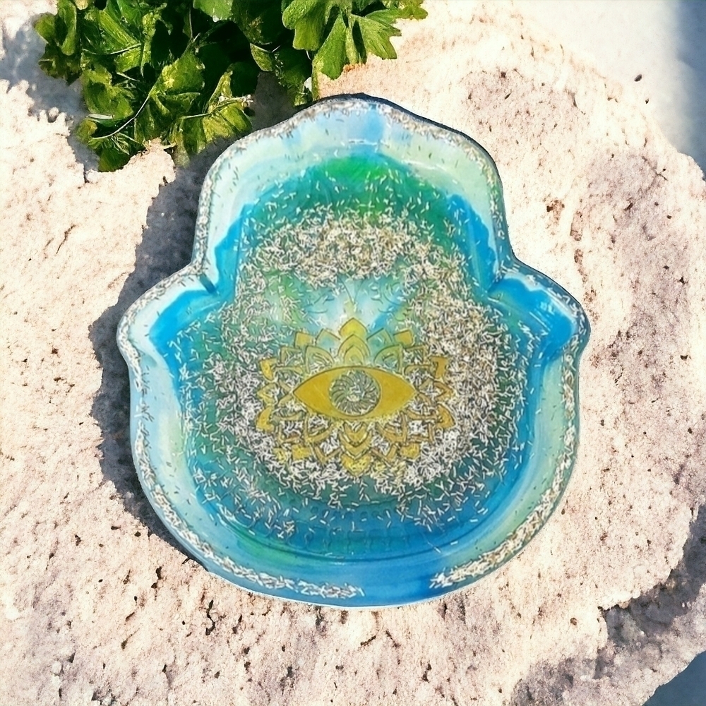 One Of A Kind Blue Green White And Gold Resin Hamsa Hand Trinket Tray
